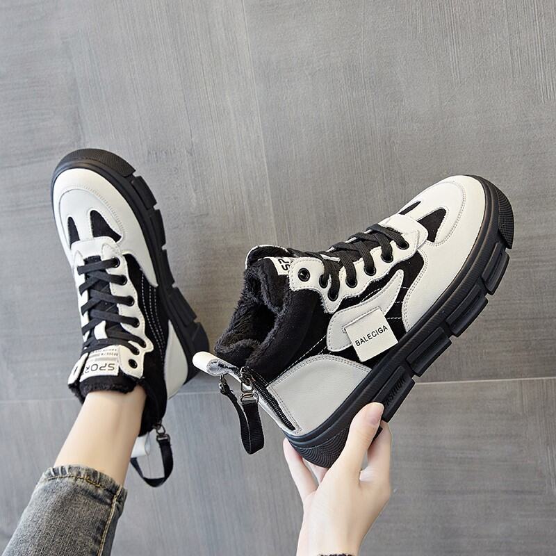 High-Top Cotton-padded Shoes Women's Winter Fleece-Lined 2021 New All-Match Genuine Leather Platform Sneakers Elevator Dad Shoes White Shoes