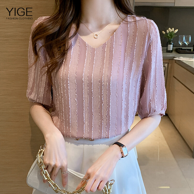 YIGE 2022 summer new jacquard V-neck blouse short-sleeved chiffon blouse fashion loose big size shirt