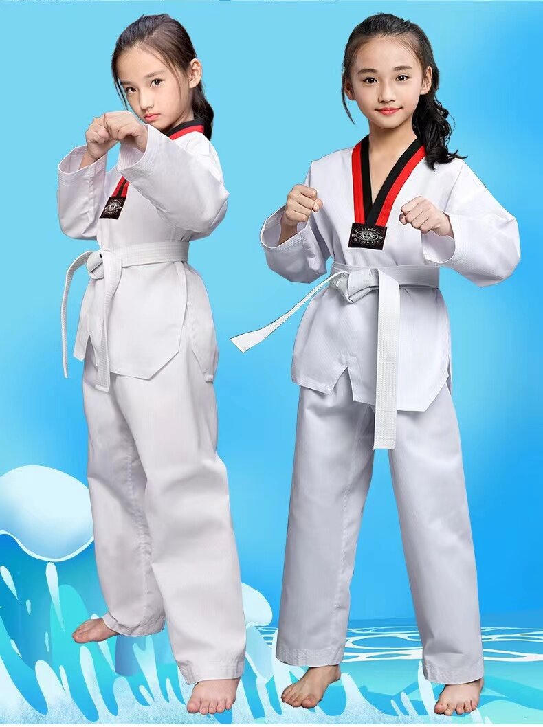 Taekwondo V-Neck White Complete Uniform Taekwondo Dobok With White Belt For Children Man Woman Fit All