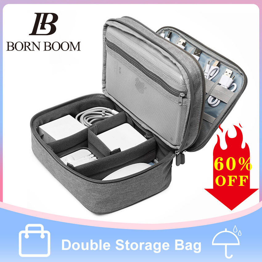 BornBoom Travel Storage Bag Portable Double Layer Gadget Bag Electronic Digital Organizers Waterproof USB Storage Bag Multi-function Large Capacity Cable Organizer Bag