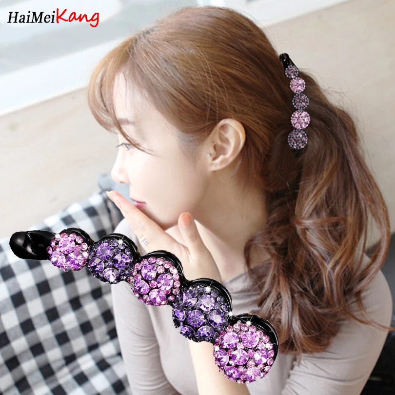 Haimeikang Rhinestone Banana Hair Claws for Women Barrette Hairpin Vintage Hair Clips Shining Ponytail Crystal Hair Accessories