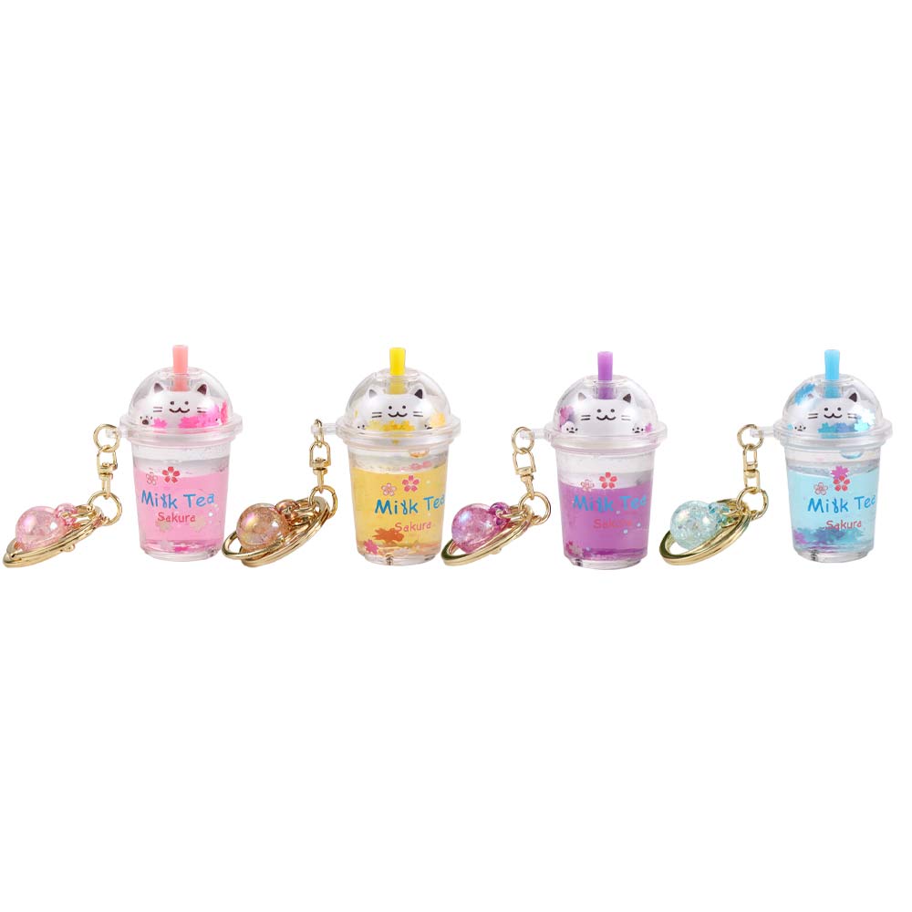 IIWEIKE Gifts Mini Cartoon Ornaments Bag Pendant Women Kids Key Holder Sakura cat Key Ring Car Key Chain Milk Tea Bottle Keychain